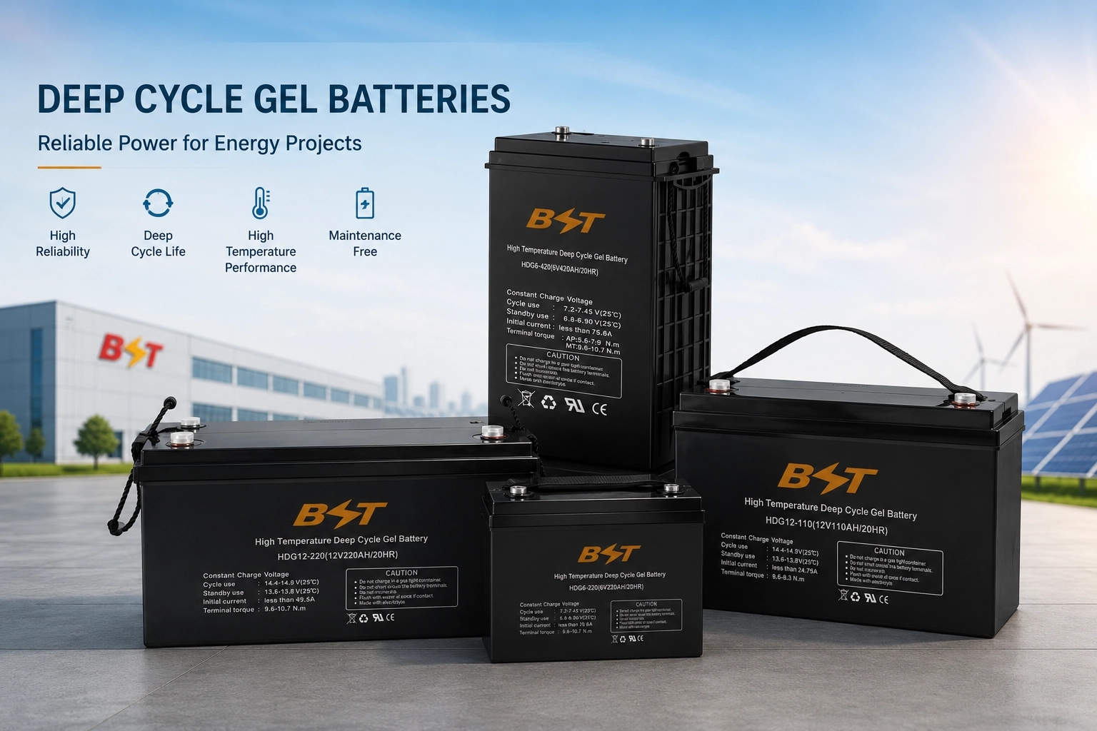 HDG12V-200 High Temperature Deep Cycle GEL Battery 12V200AH Long Float Life 20 years